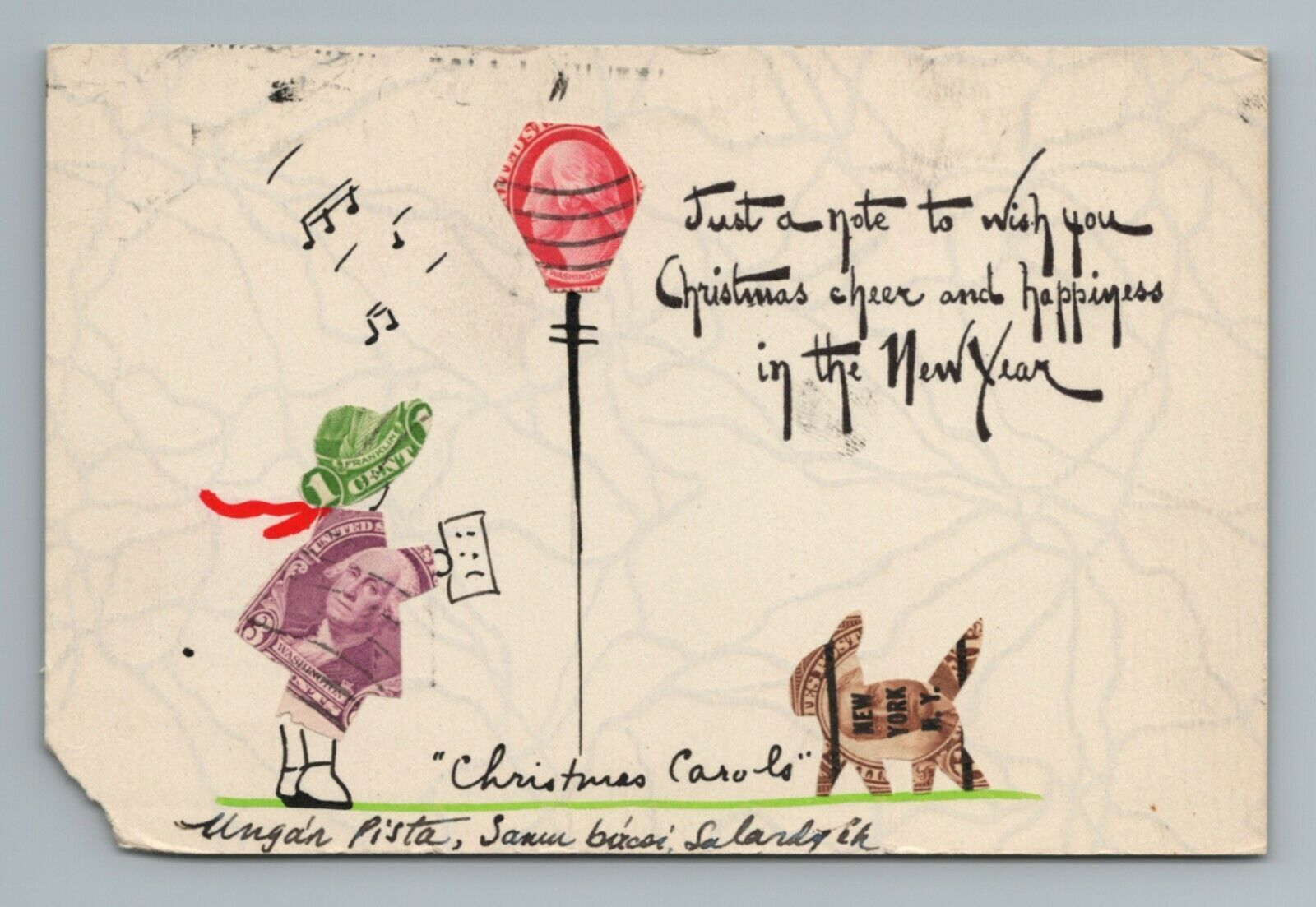 Stamp Collage Art Girl Dog Balloon Christmas Carol New York Cute Fab