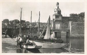 Sailing boats navigation themed postcard France Concarneau clocktower sailboat