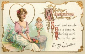 c1909 H.Wessler Embossed Valentine Postcard 522 Lovely Lady, Admiration, Cupid