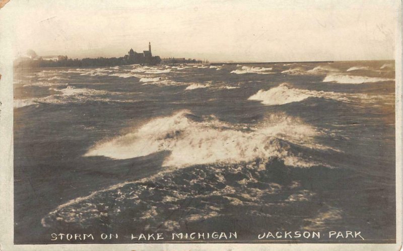 RPPC Storm On Lake Michigan, Jackson Park, Chicago, IL c1910s Vintage Postcard