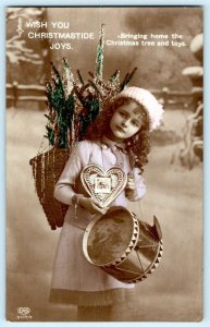 1910's RPPC GIRL DRUM HEART TINSEL PINK GREEN SCHWERDTFEGER BERLIN CHRISTMAS PC