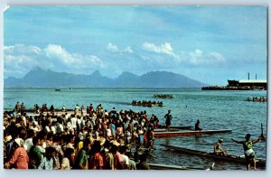 Tahiti French Polynesia Postcard Pirogue-Racing in Beach During the Feasts 1969
