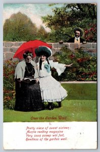 Over The Garden Wall, Auntie, Niece, Suitor,Poem, 1907 Valentines Postcard 1