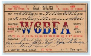 1932 W6BFA Mesa Arizona QSO Ham Radio AZ Vintage Postcard