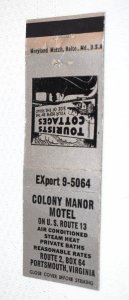 Colony Manor Motel Portsmouth Virginia 20 Front Strike Matchbook Cover