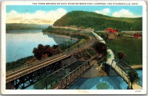 1936 Three Bridges Ohio River East Liverpool & Steubenville OH Posted Postcard