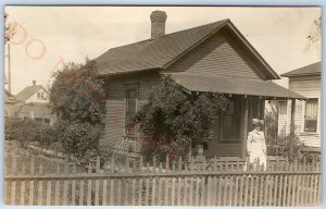 c1910s Small House & Pretty Woman RPPC Old Cottage Real Photo Cute Home PC A130