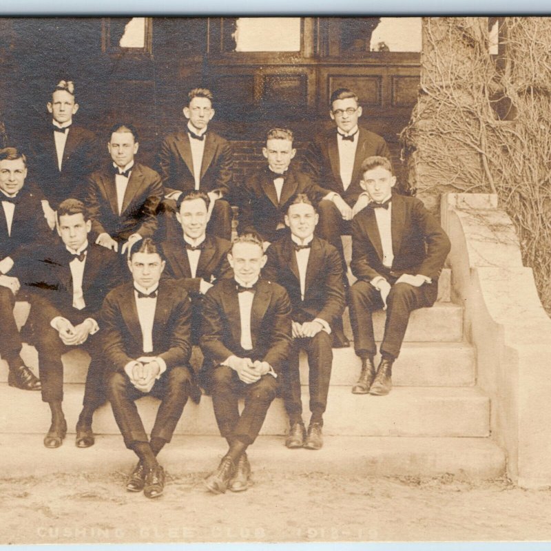 c1910s Handsome Group Men RPPC Outdoor Classy Gentlemen Stairs Vine Guys PC A251