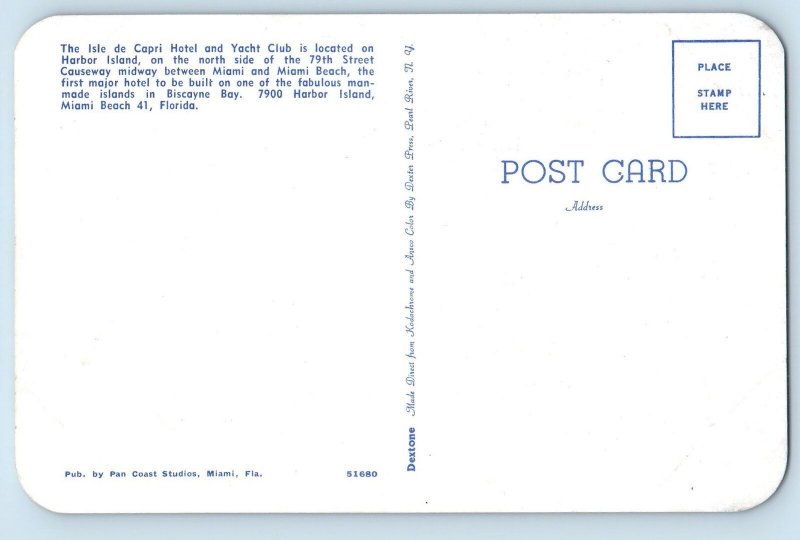 Miami Florida FL Postcard The Isle De Capri Hotel And Yacht Club c1960's Vintage
