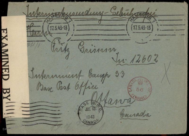 Germany WWII Internierten Internee POW Ottawa Canada Cover 80900