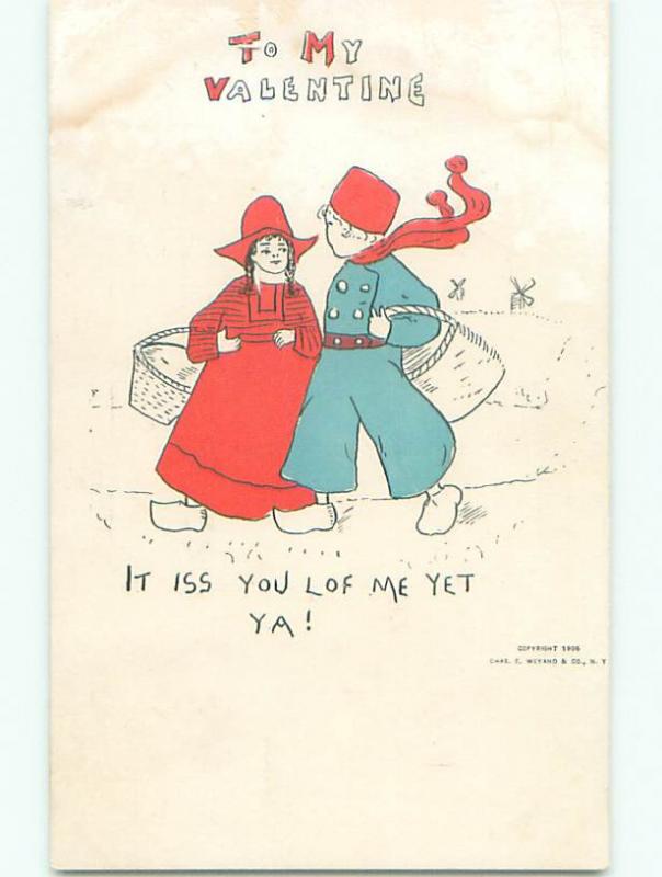 Pre-1907 valentine GIRL AND BOY BOTH CARRYING LARGE BASKETS k5462