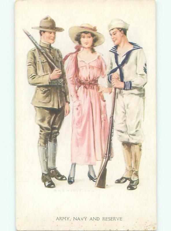 Pre-Linen Military signed ARMY & NAVY MEN WITH PRETTY GIRL AC6039