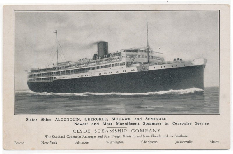 Clyde Steamship Company Postcard New Ships Algonquin Cherokee Mohawk Seminole