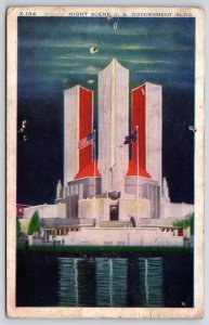 Vintage Postcard Night Scene U.S. Government Building Chicago International Expo