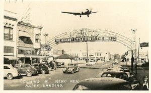 Postcard RPPC View of Plane landing in Reno, NV.        S6