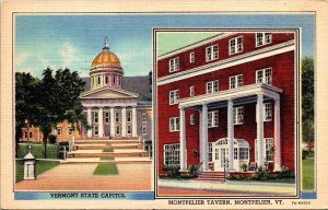 Vermont State Capitol Montpelier Tavern VT Dual View Linen Postcard PM Cancel 1c 