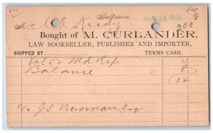 1901 Bought of M. Curlander Law Bookseller Baltimore Frederick MD Postal Card