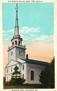 Vintage Postcard Old Baptist Church Built 1796 Memorial Hall Yarmouth Maine ME