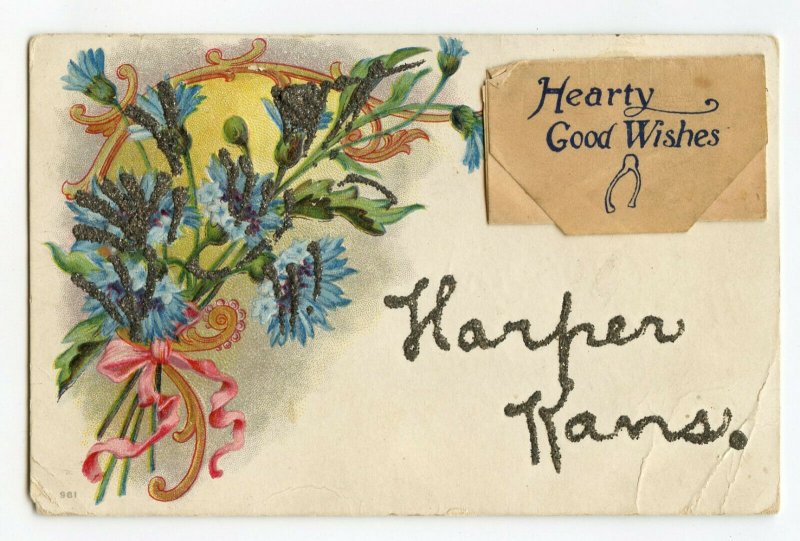 Hearty Good Wishes Harper Kansas Vintage Standard View Glitter Postcard 