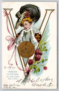 Vermont State Girl Seal And Flower Red Clover To McDowell VA Postcard X24