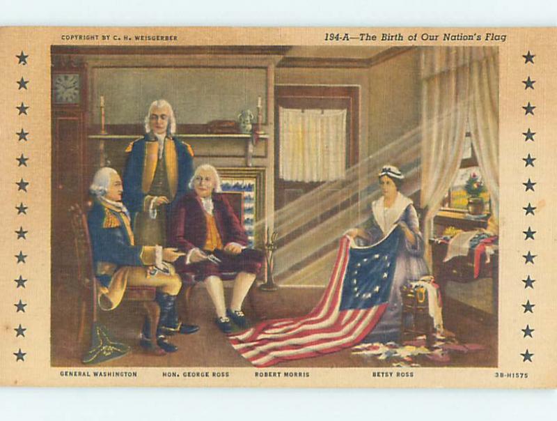 Unused Linen PRESIDENT GEORGE WASHINGTON WITH BETSY ROSS Philadelphia PA Q9260