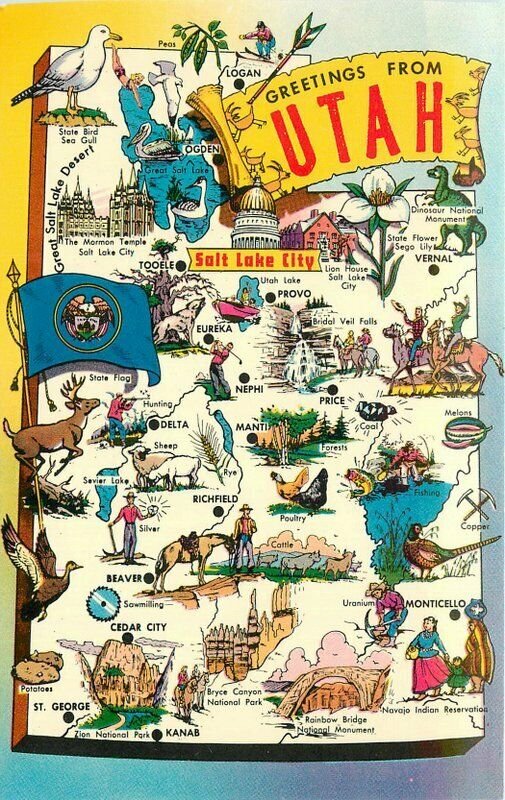 Map Attractions Multi View Utah Tichnor Postcard 20-11508