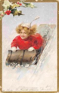 Girl Sled Downhill Merry Happy Christmas 1907 postcard