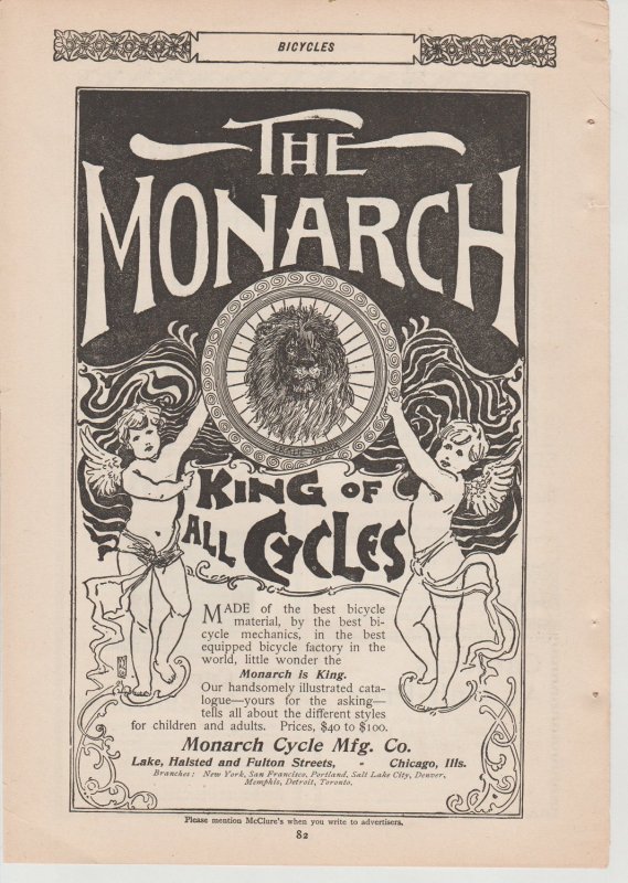 1895 Print Ad Monarch Bicycle ~King of All Cycles~Cherubs & Lion Logo~Art Deco