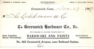 Greenwich CT Hardware Store Billhead Document Connecticut