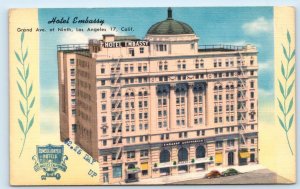 LOS ANGELES, CA California ~ Roadside HOTEL EMBASSY  c1940s Linen Postcard