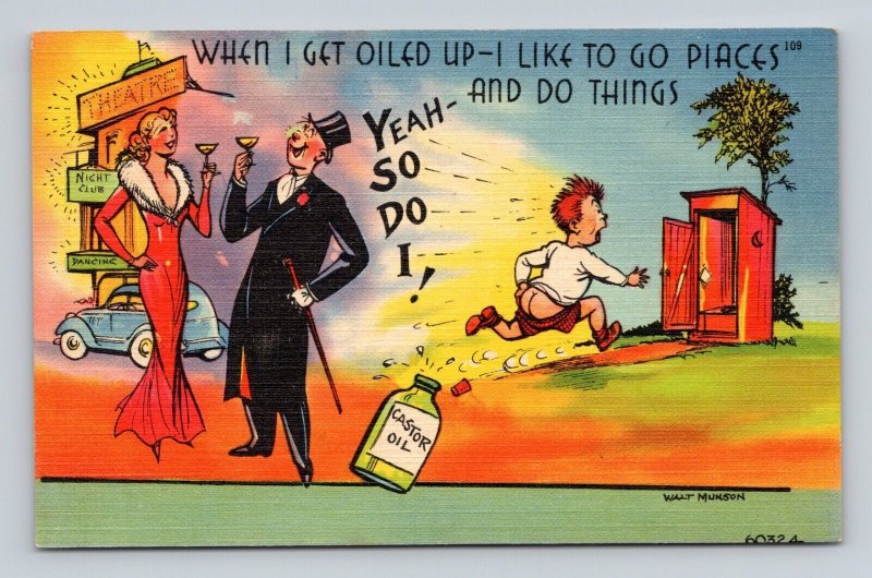 Outhouse Humor Comic Castor Oil Going Places Walt Munson UNP Linen Postcard O5