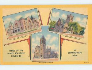 Unused Linen THREE CHURCH SCENES ON ONE POSTCARD Birmingham Alabama AL A8266