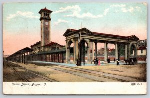 Dayton Ohio~Union Train Depot & Clock Tower From Tracks~PM 1908~Vintage Postcard