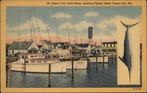 Ocean City Maryland MD Yacht Basin Fishing Boats Linen Vintage Postcard