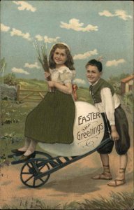 Easter Fantasy Boy and Girl with Giant Egg Real Silk Clothing c1910 Postcard