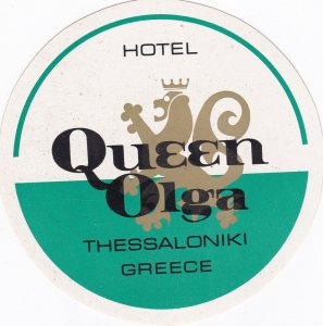 Greece Thessaloniki Hotel Queen Olga Vintage Luggage Label sk3090
