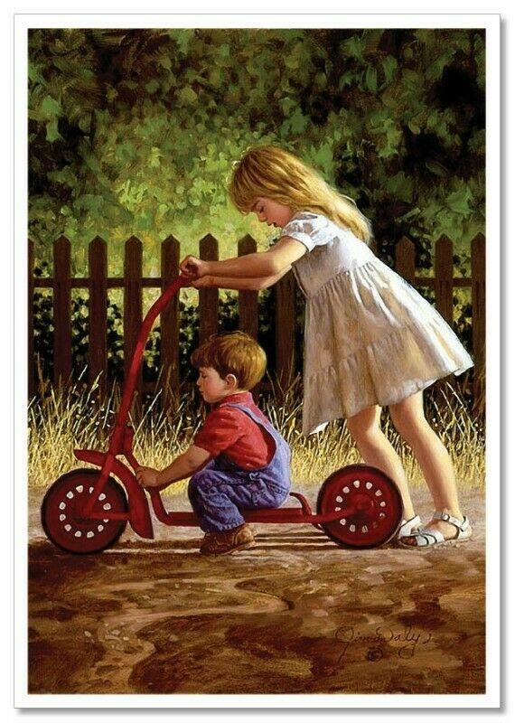 LITTLE GIRL & BOY ride a bike  JIM DALY KIDS ART Modern Postcard