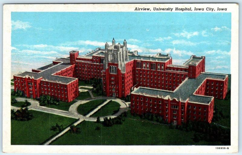 IOWA CITY, IA   Aerial View  UNIVERSITY HOSPITAL  ca 1940s Linen  Postcard