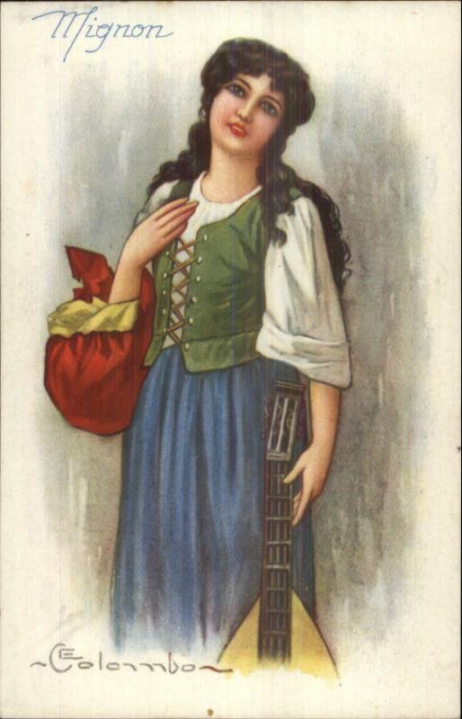 E. COLOMBO - Beautiful Woman w/ Guitar - Mignon c1915 Postcard