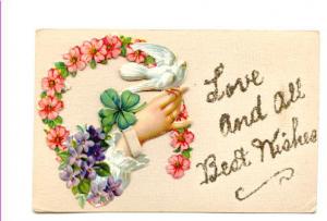 Fancy Card with Victorian Scraps Applique Glitter, Vintage Greeting Postcard