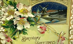 Early 1900s Birthday Card Snow Winter Windmill Bridge Germany Embossed Floral