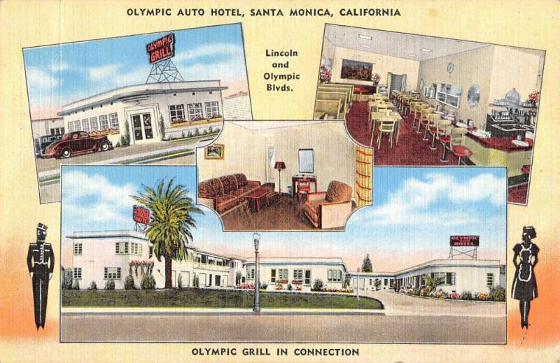Santa Monica California Olympic Auto Hotel Multiview Antique Postcard K29834
