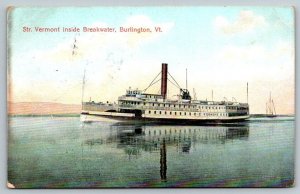 Steamer  Vermont inside Breakwater  Burlington  VT   Postcard  1908