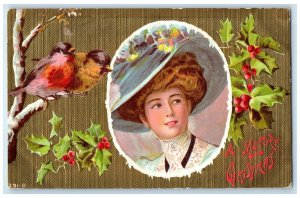 1910 Christmas Pretty Woman Song Birds Berries Embossed Yamhill OR Postcard