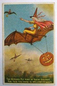 Vintage Halloween Postcard Anglo-American Series 876 Witch Flying On Devil Bat