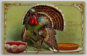Thanksgiving Greetings Beautiful Turkey With Pie Gilded 1907 Postcard K28