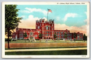 Toledo Ohio~Libbey High School~Red Brick Bldg~US Flag~Crenellated~1940s Linen PC