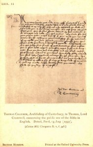 Thomas Cranmer To Lord Cromwell Bible 1537 Letter Old Postcard