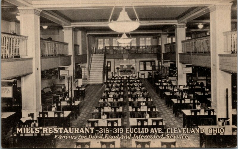 Postcard OH Cleveland Mills Restaurant Euclid Ave. Interior View 1940s F18