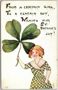 1913 Young Lady Checkered Dress Big Leaf St. Patrick's Day Posted Postcard